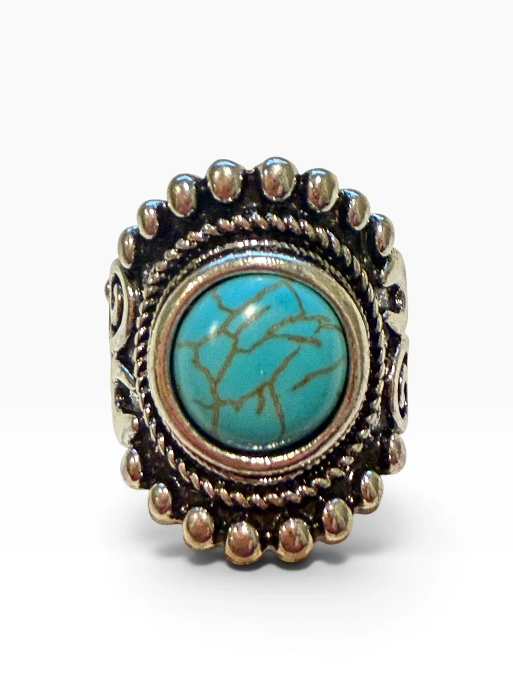 Turquoise Color Stretch Ring Silver Tone Western Boho Southwestern Statement 9